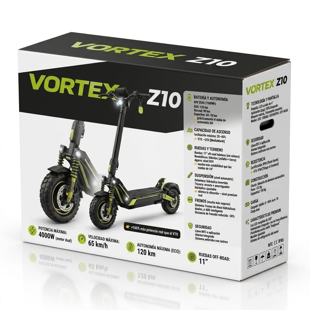 Trottinette électrique VORTEX Z10 2x2 connectée via une application. Elle offre une puissance combinée de 4 000 W, une double suspension et une autonomie allant jusqu'à 65 km ; elle est entièrement conforme à la réglementation routière.