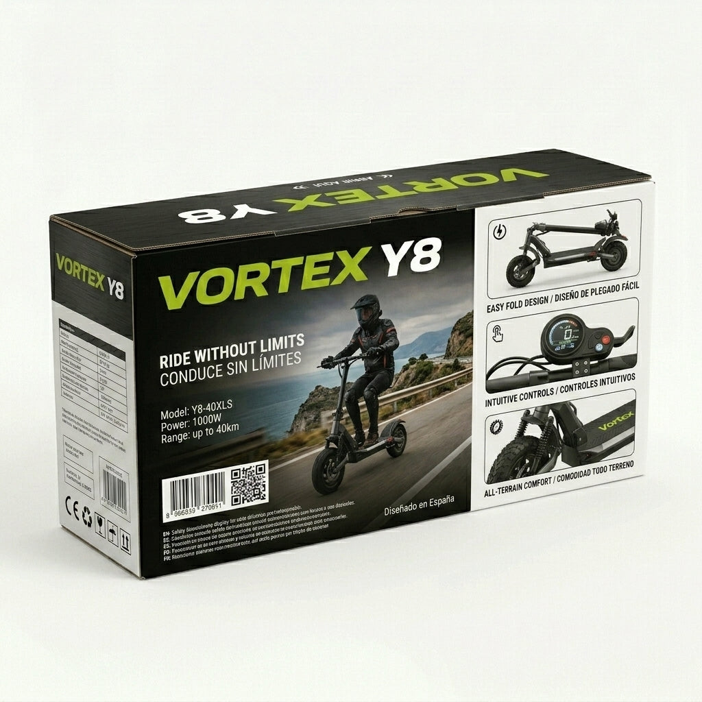 Trottinette électrique VORTEX Y8 2x2 connectée via une application. Elle offre une puissance combinée de 4 000 W, une double suspension et une autonomie allant jusqu'à 40 km ; elle est entièrement conforme à la réglementation routière.